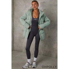 Oh Polly Mid Length Hooded Puffer Coat in Iceberg Green