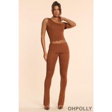 Oh Polly Mid Rise Modal Cashmere Blend Trousers in Chestnut Brown