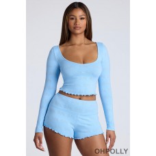 Oh Polly Mid Rise Pointelle Mini Shorts in Baby Blue