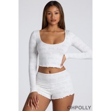 Oh Polly Mid Rise Pointelle Mini Shorts in White