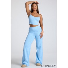 Oh Polly Mid Rise Straight Leg Pointelle Trousers in Baby Blue