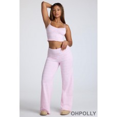 Oh Polly Mid Rise Straight Leg Pointelle Trousers in Baby Pink