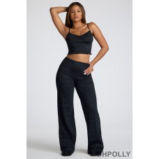 Oh Polly Mid Rise Straight Leg Pointelle Trousers in Black