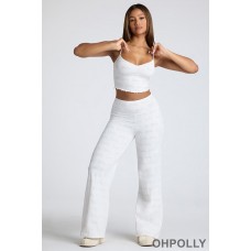 Oh Polly Mid Rise Straight Leg Pointelle Trousers in White