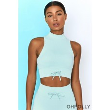 Oh Polly Miles Ahead Ribbed High Neck Crop Top in Light Blue