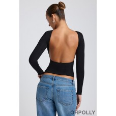 Oh Polly Modal High Neck Long Sleeve Open Back Top in Black