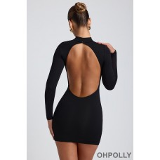 Oh Polly Modal Open-Back Long-Sleeve Mini Dress in Black