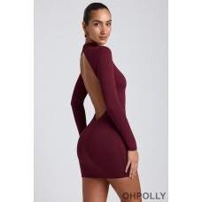 Oh Polly Modal Open-Back Long-Sleeve Mini Dress in Plum