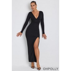 Oh Polly Modal Plunge Neck Long Sleeve Maxi Dress in Black