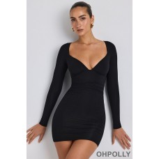 Oh Polly Modal Ruched Long-Sleeve Mini Dress in Black