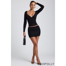 Oh Polly Modal Ruched Mid-Rise Mini Skirt in Black