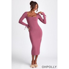 Oh Polly Modal Square Neck Long Sleeve Midaxi Dress in Plum