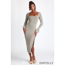 Oh Polly Modal Square Neck Long Sleeve Midaxi Dress in Sage Green