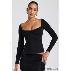 Oh Polly Modal Sweetheart Neckline Long Sleeve Top in Black