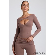 Oh Polly Modal Twist-Front Long-Sleeve Crop Top in Taupe