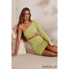 Oh Polly One Shoulder Flare Sleeve Mini Dress in Green