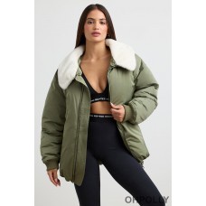 Oh Polly Oversized Bomber Jacket in Deep Olive