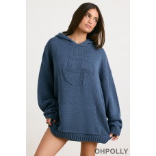 Oh Polly Oversized Chunky Knit Hoodie in Washed Navy