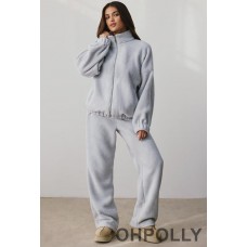 Oh Polly Oversized Fleece Zip Up Jacket in Fog