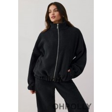 Oh Polly Oversized Fleece Zip Up Jacket in Onyx