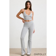 Oh Polly Petite Chunky Knit Kick Flare Trousers in Heather Grey