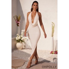 Oh Polly Plunge Cowl Neck Floor Length Dress in Ivory