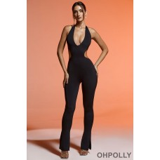 Oh Polly Plunge Neck Cut Out Jumpsuit in Black