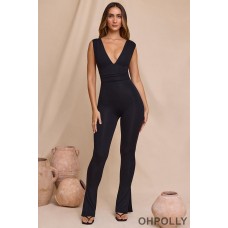 Oh Polly Plunge Neck Ruched Waist Jumpsuit in Black