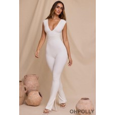 Oh Polly Plunge Neck Ruched Waist Jumpsuit in White