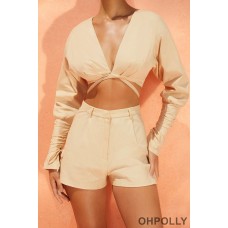 Oh Polly Plunge Neck Wrap Top in Sand