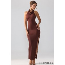 Oh Polly Premium Jersey Cowl Neck Backless Maxi Dress in Espresso