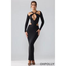 Oh Polly Premium Jersey Long Sleeve Cut Out Maxi Dress in Black