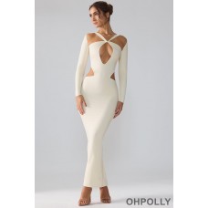 Oh Polly Premium Jersey Long Sleeve Cut Out Maxi Dress in Ivory