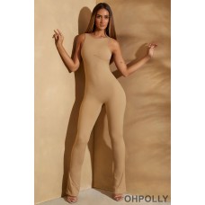 Oh Polly Ribbed Cut Out Back Jumpsuit in Tan