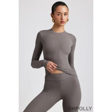 Oh Polly Ribbed Modal Crew Neck Top in Grey