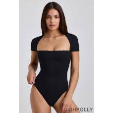 Oh Polly Ribbed Modal Lace-Trim Bodysuit in Black