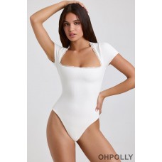 Oh Polly Ribbed Modal Lace-Trim Bodysuit in White