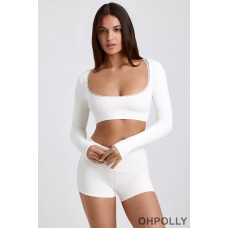 Oh Polly Ribbed Modal Lace-Trim Crop Top in White