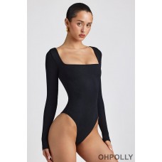 Oh Polly Ribbed Modal Long Sleeve Bodysuit in Black