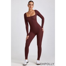 Oh Polly Ribbed Modal Long Sleeve Jumpsuit in Espresso