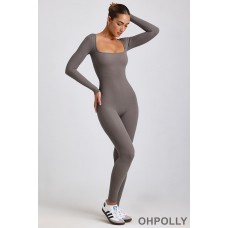 Oh Polly Ribbed Modal Long Sleeve Jumpsuit in Grey