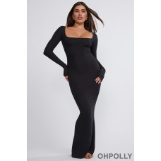 Oh Polly Ribbed Modal Long Sleeve Maxi Dress in Black