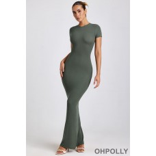 Oh Polly Ribbed Modal Maxi Dress in Khaki Green