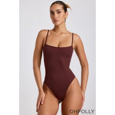 Oh Polly Ribbed Modal Square Neck Bodysuit in Chocolate