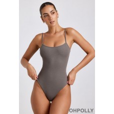 Oh Polly Ribbed Modal Square Neck Bodysuit in Grey