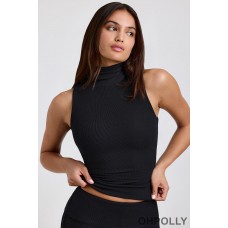 Oh Polly Ribbed Modal Turtleneck Tank Top in Black