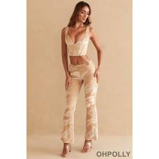 Oh Polly Ring Detail Bootleg Trousers in Beige Print