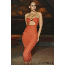 Oh Polly Ruched Hardware Detail Strapless Midaxi Dress in Burnt Orange