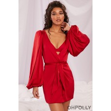 Oh Polly Satin Balloon Sleeve Robe in Red