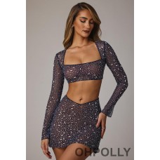 Oh Polly Sheer Embellished V Waist Mini Skirt in Navy